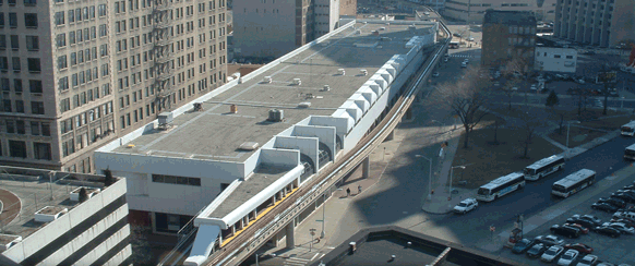 Aerial view of a city train station